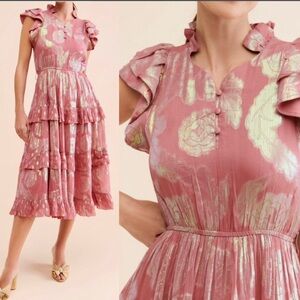 Free People Pink and Gold Tiered Midi Dress